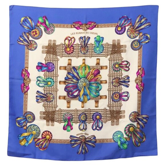 HERMES Carre 90 Scarf ""LES RUBANS DU CHEVAL"" Silk Blue - Picture 1 of 15